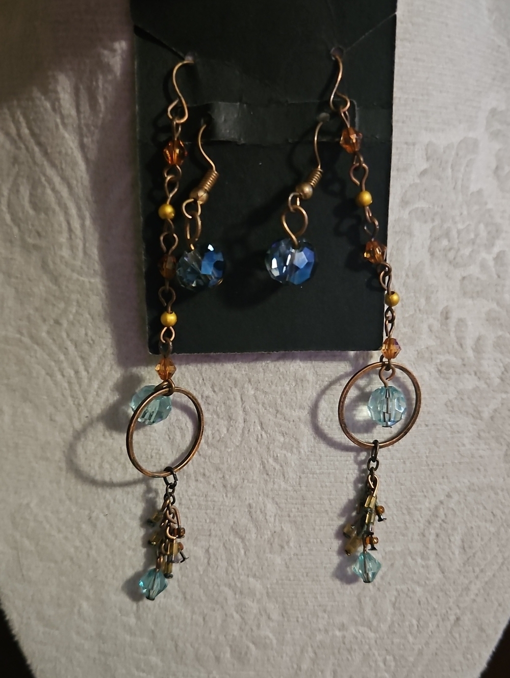 Blue Crystal Hoop Dangle Earrings with Antique Gold Accents - 2 Pairs